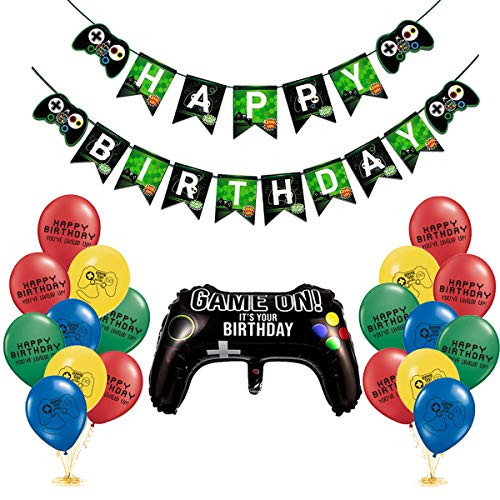 Video Game Party Supplies KitHappy Birthday Banner Video Game Controller Shaped Balloon 30pcs Game Latex Balloons for Boys Gamer Birthday Party Decorations