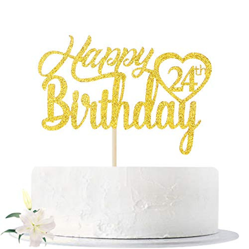Gold Glitter Happy 24th Birthday Cake Topper Hello 24 Cheers to 24 Years Old 24 Years Old Party Supplies Decoration