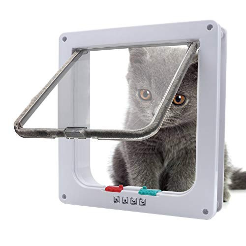 TLOG Large Cat Door with 4 Way Locking Weatherproof Cat Flap Door for Interior Exterior Doors Easy Installation Premium Pet Door Compatible with Cats and Doggie Suitable for Window  Wall White