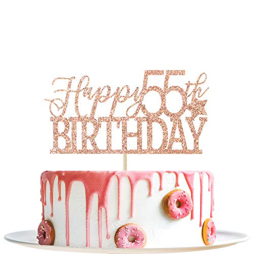 Rose Gold Glitter Happy 55th Birthday Cake Topper  Hello 55  Cheers to 55 Years Party Decoration