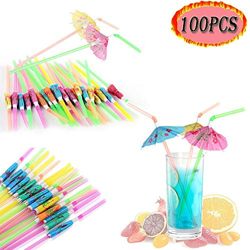 100pcs Umbrella Disposable Bendable Drinking Straws Umbrella Parasol Drinking Straws for Hawaiian Beach Cocktail Luau Party Decorations Supplies Multicolored Tropical FoodGrade Umbrella Straws