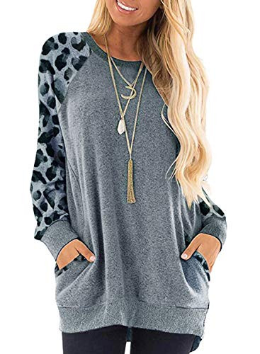 Womens Casual Color Block Shirts Leopard Print Long Sleeve Loose Tunic Shirts Tops with Pockets Dark Gray