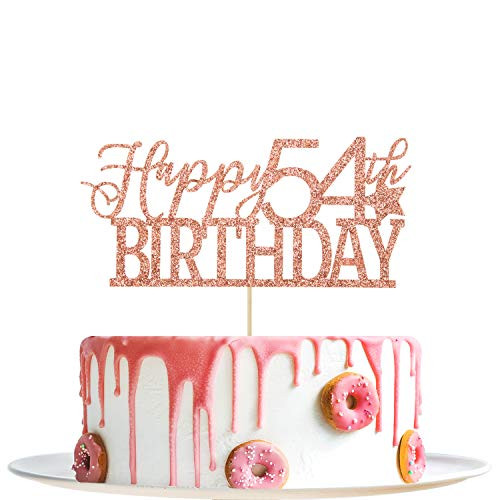 Rose Gold Glitter Happy 54th Birthday Cake Topper  Hello 54  Cheers to 54 Years Party Decoration