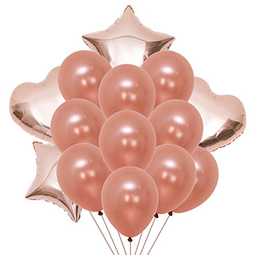 SWEETSMILE Rose Gold Latex Balloons 12 Inch Rose Gold Heartshaped Foil Balloons Rose Gold Starshaped Foil Balloons 18 Inch 14 PCS Balloons For Birthday Wedding Party Decoration Shower Party Supplies