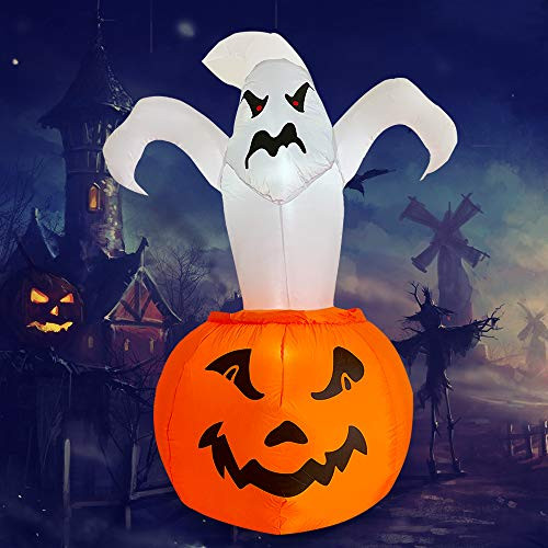 WOJOY 6 Ft LED Lighted Up Inflatable Halloween Ghost on Pumpkin Airblown Blow Up Inflatables Decoration for Yard Lawn Garden Indoor Outdoor Home Party Holiday Decor