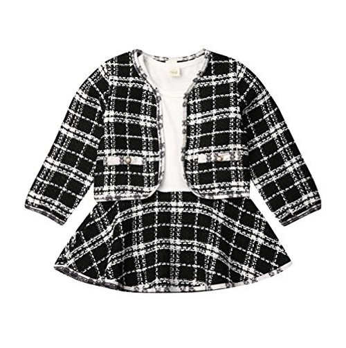 Toddler Baby Girl Plaid Skirt Set Long Sleeve Jacket Coat Tops Tutu Dress Pleated Skirt Fall Outfit Clothes 34TBlack and White Plai