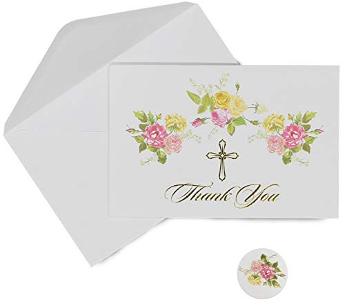 25 Thank you Cards with Envelopes  Baptism Bridal Shower First Communion Sympathy Thank You Cards  Floral Design with Gold Foil Cross  Floral Envelope Sticker Included
