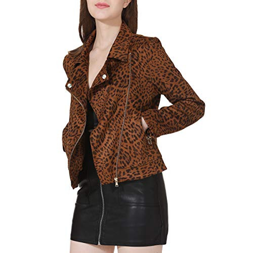 Apperloth Faux Suede Jackets for Women Long Sleeve Zipper Short Moto Biker Coat Style 2 Coffee Leopard L