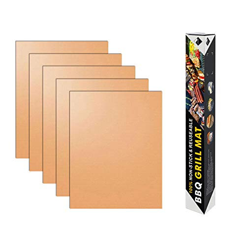 MISIMPO Copper Grill Mat Set of 5 BBQ Grilling Mat Baking Mat Cooking Mat for Electric Grill Gas Charcoal BBQ Reusable and Easy Clean 1575x13 InchGold