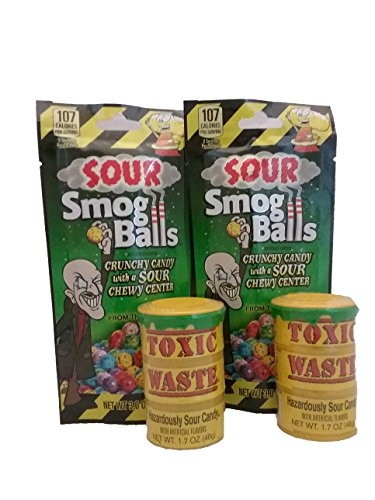 2 Toxic Waste Hazardously Sour Drums 17 Oz and 2 Bags Smog Balls Candy 3 Oz 4 Pack