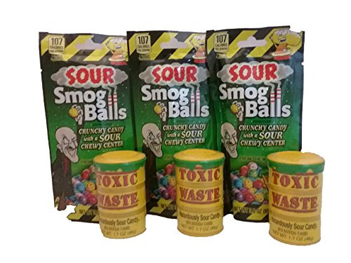 3 Toxic Waste Hazardously Sour Drums 17 Oz and 3 Bags Smog Balls Candy 3 Oz Pack of 6