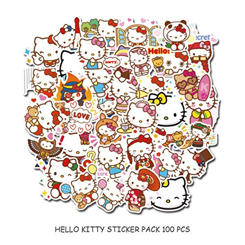 Suitcase Stickers Hello Kitty Computer Stickers Cute Cartoon PVC Decal Stickers For Laptop Vinyl Stickers Pack Waterproof Stickers For Water Bottles Flat Hello Kitty Sticker Pack KT Cat 100 Pcs