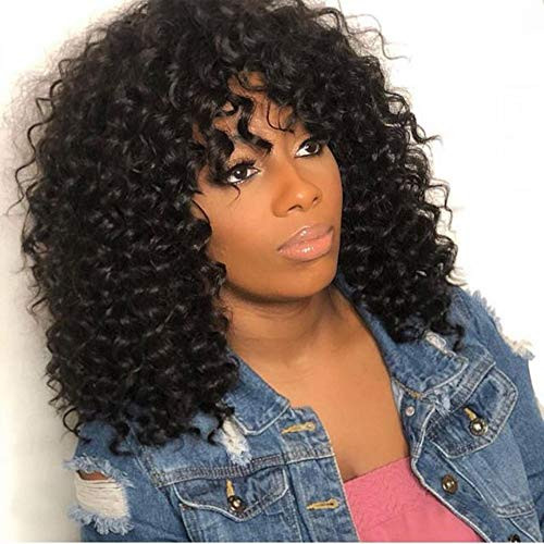 Curly Lace Front Wigs with Bangs for Black Women Brazilian Virgin Human Hair Wig with Baby Hair Pre Plucked 130 Density Remy Hair Wig Natural Color 8 Inch Curly Lace Front Wigs with Bangs for Black Women Brazilian Virgin Human Hair Wig with Baby Hair Pre Plucked 130 Density Remy Hair Wig Natural Color 8 Inch