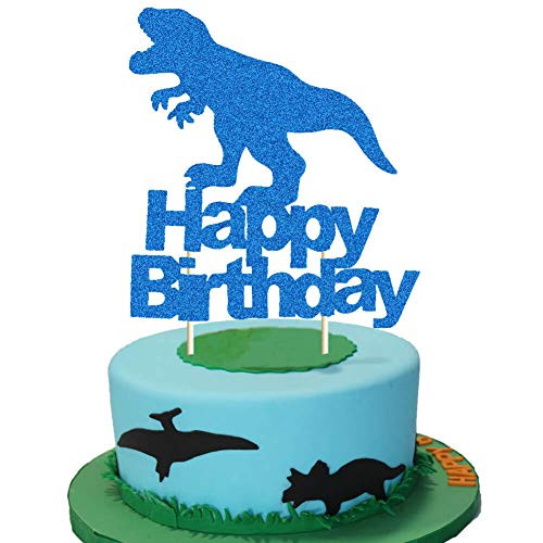 Dinosaur Cake Topper Blue Glitter TRex Happy Birthday Party Cake Decor Dino Jungle Jurassic Dinosaur Themed 1st 2nd 3rd 4th Birthday Party Cake Supplies Decorations