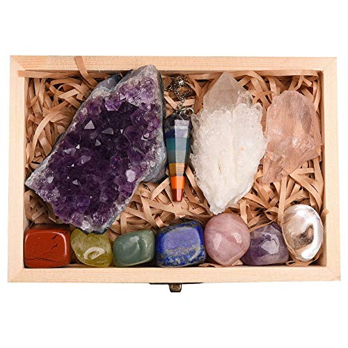 Runyangshi Natural Healing Crystals 11 pcs Gift Kit in Wooden Box  Including Amethyst Cluster  Chakra Pendulum  Clear Crystal Cluster  Rose Quartz  7 Chakras Tumbled Stones