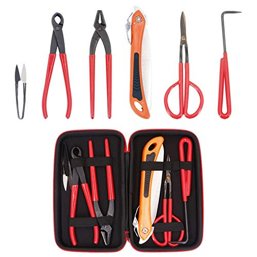 Pakoula 6 Piece Bonsai Tool Set with Case Bonsai Scissors Carbon Steel Shear Cutter Scissor Kit Gardening Plant Tools Red