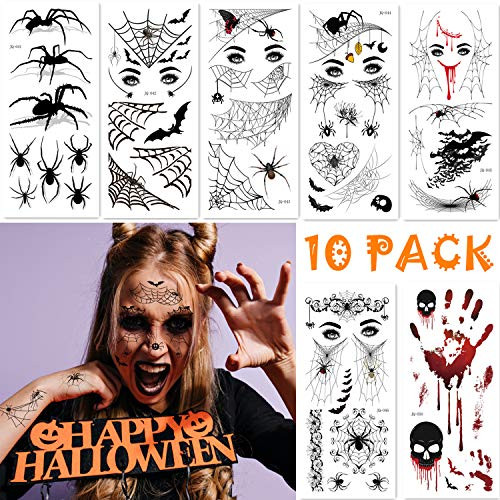 Halloween Spider Face Tattoos  Spider Face Temporary Tattoos Spider Web Spider Net Bat Fake Tattoo Stickers Masquerade or Cosplay Party DecorationPack of 10 Spider Webs Face Tattoos