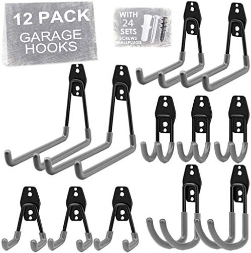 Garage Hooks 12Pack Bike Hangers for Garage Storage Hooks Heavy Duty Wall Mount Garage Organizer Tool Storage for ladders Bike Hoses and More Equipment Grey