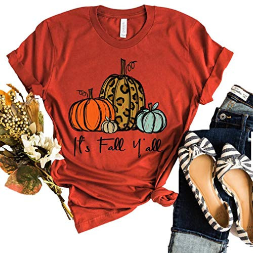 Its Fall Yall Shirts Women Halloween Pumpkin TShirt Short Casual Graphic Sleeve Top Tee M Orangered
