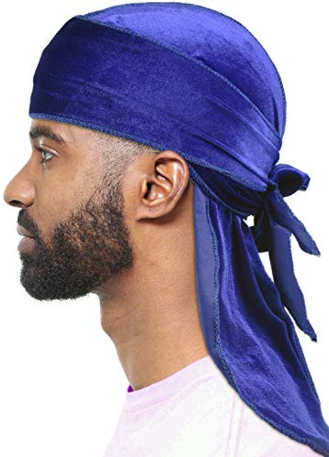 Velvet Durag for Men Breathable Fabric Durags Long Tail Headwraps Du rag for 360 Waves or Sleep blue