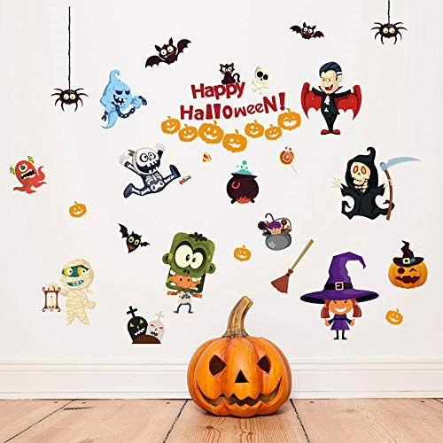 Halloween Window Clings Decorations Stickers Halloween Decals for Windows Glass Walls Halloween Cartoon Bat Pumpkin Grim Reaper Sticker Removable and Peel  Stick Decals