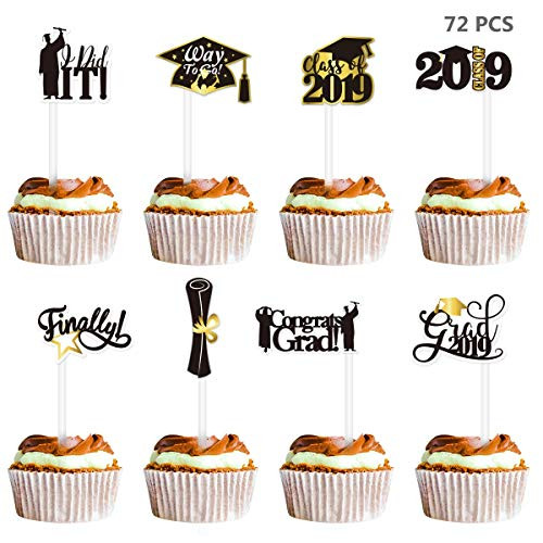 Amosfun 2019 Graduation Cupcake Toppers 72PCS Grad Cake Toppers Picks Graduation Party Decorations Class of 2019 Congrats Grads Party Supplies