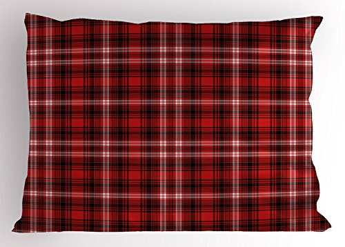 Ambesonne Plaid Pillow Sham, Nostalgic Striped Pattern from British Country with Constrasting Colors, Decorative Standard Queen Size Printed Pillowcase, 30 X 20 Inches, Scarlet Black White