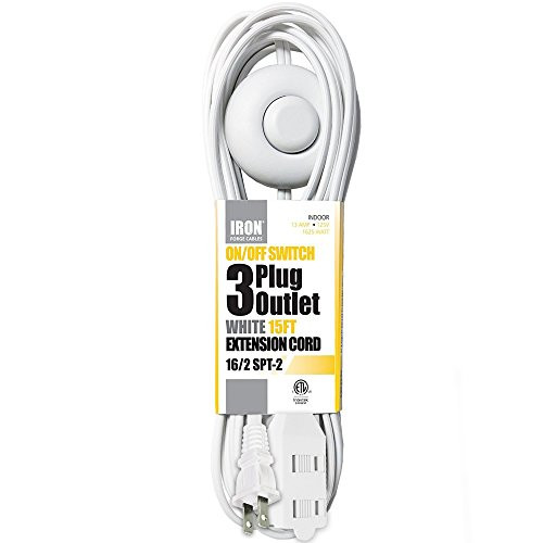 15 Ft Extension Cord with Foot Switch and 3 Electrical Power Outlet - 16/2 Durable White Foot Tap Extension Cord