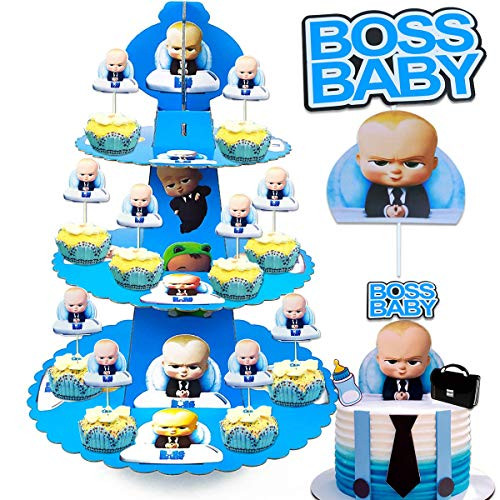 TOXYU 39PCS Baby Boss Cake Topper Baby Boss Cupcake Stand 3 Tier Cakes Stand Wrappers 32Pcs Baby Boss Cake Topper Party Decoration Supplies