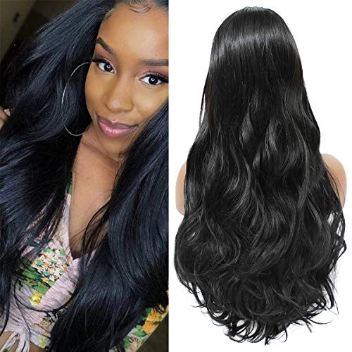 PALAK Long Wavy Wig Natural Black Color Middle Part Heat Resistant Long Curly Synthetic Daily Party Wig for Women 26 Inch