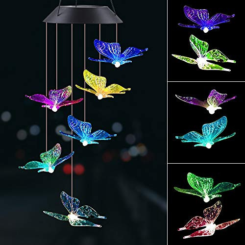 IIET LED Solar Butterfly Wind Chime Solar Lights Wind Chimes Outdoor Changing Color Waterproof Six Hanging Lights Wind Chimes Solar Mobile for Home Party Night Garden Decoration