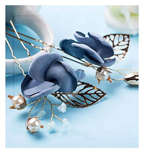 Chargances Bride Floral Blue Hair Pin Wedding Hair Pins Rhinestone Hair Pin Crystal Hair Pin Wedding Hair Accessories Hair Piece Boho Delicate Handmade Gold Jewelry Gift for Women and Girls3Piece