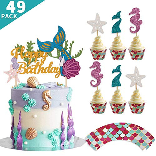 Mermaid Cake Topper Cupcake Toppers Wrappers Mermaid Cake Decoration Supplies For Birthday Theme Party Baby Shower Supplies 49 pcs Kit