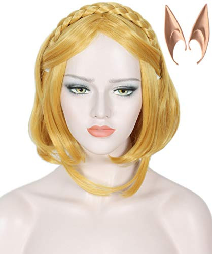 Linfairy Short Blonde Bob Wig Halloween Cosplay Wigs with 2 Elf Ear