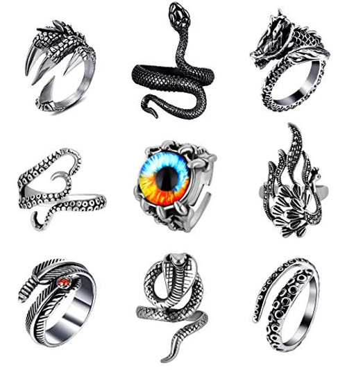 Sunssy 9 Pieces Vintage Punk Rings for Men Gothic Dragon Claw Octopus Cobra Snake Rings Open Adjustable Ring Set Jewelry