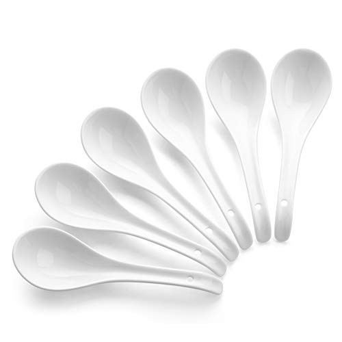 DOWAN Asian Soup Spoons Ceramic Chinese Japanese Spoons 6 Sets for Ramen Pho Wonton Dumpling Miso White