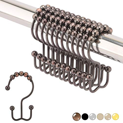 FANKE 304 Stainless Steel Double Roller Glide Shower Curtain Ring and HooksRustResistant Double Glide Shower Hooks for Bathroom Shower Rods Curtains Brushed Bronze Set of 12 Rings