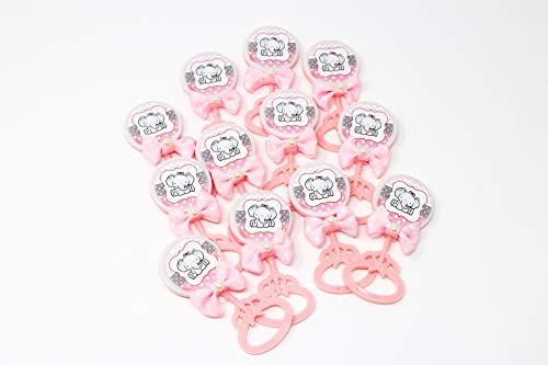 AMORESCREATIONS - Decorated Baby Shower Party Favors - Baby Rattle with Sticker and Bow TIE Ribbon - Party FAVORS/12 Pieces PER Pack (Elephant Pink)