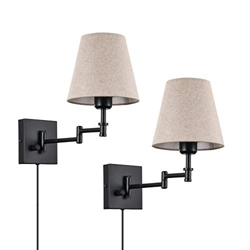 Wall Sconce Sets of 2 Wall Lamps with Plug in Cord Swing Arm Wall Lights Fabric Shade Wall Mount Sconce Fixtures for Bedroom Living Room 2Pack Bulb is not IncludedBeige Shade