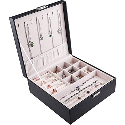 RIRO Jewelry Box with 2 Layers PU Leather Lockable Jewelry Storage Organizer with Velvet Lining Portable Leather Jewelry Box for Storing Watch Earring Ring Chain Bracelet Black RIRO Jewelry Box with 2 Layers PU Leather Lockable Jewelry Storage Organizer with Velvet Lining Portable Leather Jewelry Box for Storing Watch Earring Ring Chain Bracelet Black