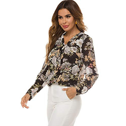 LQWY Womens Bow Tie Neck Cuffed Chiffon Blouse Long Sleeve V Neck Floral Print Shirts Casual Blouse Shirt Top Office Work Beige