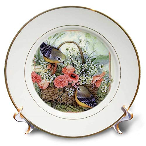3dRose cp_167135_1 Pretty Sparrows in a Beautiful Basket of Roses-Porcelain Plate, 8-Inch