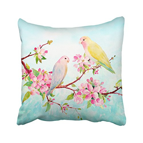 Pakaku Throw Pillows Covers for Couch/Bed 18 x 18 inch,Watercolor Apple Blossoms and Love Birds Home Sofa Cushion Cover Pillowcase Gift Decorative Hidden Zipper Design Cotton and Polyester