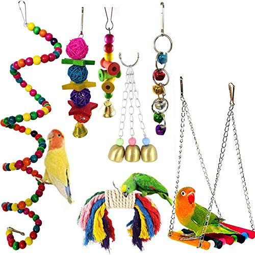 AORULNA Bird Chew Toys for Parrots Pet Bird Swing Perch Cage Toy with Bells for Parakeet Love Birds Conure Cockatoo Cockatiel Finches Lorikeets Macaw 7Packs