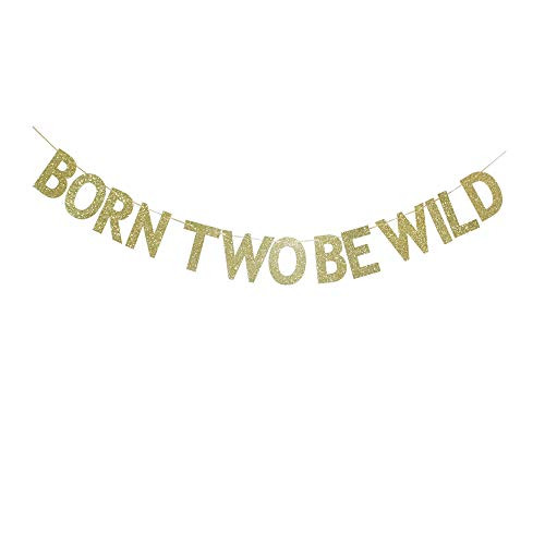Born Two Be Wild Banner Gold Glitter Paper Sign for Babys 2nd Birthday Party Decors Supplies
