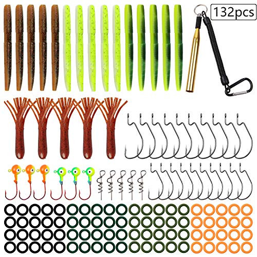 SILANON Wacky Worm Rigs Kit  132pcs Wacky Worms Baits Wacky Rig Tool ORings Wacky Hooks Tube Soft Lures Lead Jigs Hooks for Artificial Soft Stick Baits
