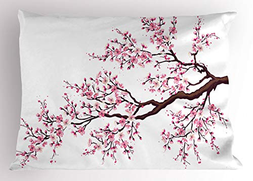 Ambesonne Japanese Pillow Sham, Branch of a Flourishing Sakura Tree Flowers Cherry Blossoms Spring Theme Art, Decorative Standard Queen Size Printed Pillowcase, 30 X 20 Inches, Pink Dark Brown