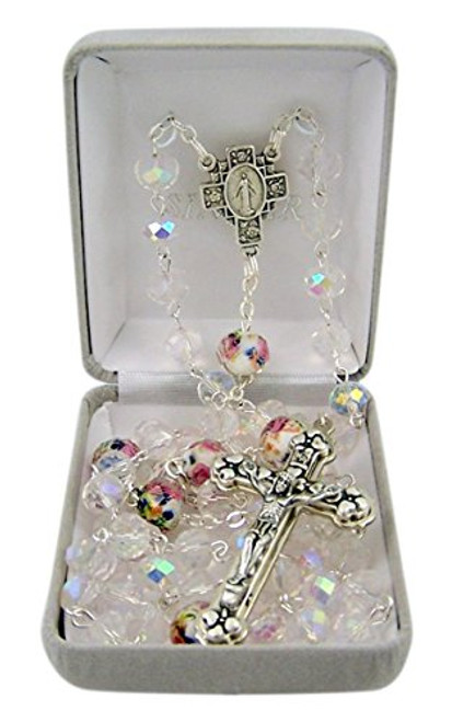 Catholic Flower Cut Clear Glass Prayer Bead Rosary Necklace with Heart Detailed Crucifix 27 Inch Catholic Flower Cut Clear Glass Prayer Bead Rosary Necklace with Heart Detailed Crucifix 27 Inch