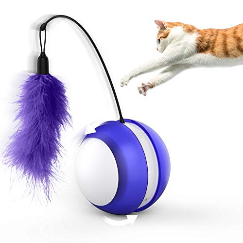 Cat Interactive Toys Automatic Cat Ball with LED Light and Feather 360 Degree Automatic Self Rolling Ball Kitten Toys Entertainment Hunting Exercise Large Capacity Battery Purple