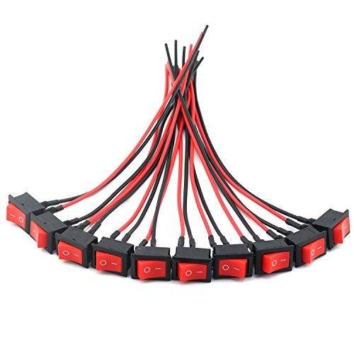 Longdex 10Pack KCD1 Red Push Button Switch with Wires Small Appliances Power Switch 2Pin 2 Position ONOff Rocker Switch 21x15mm